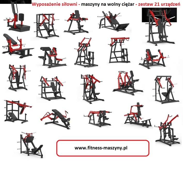 Wyposażenie siłowni - zestaw maszyn na wolny ciężar - 21 urządzeń
